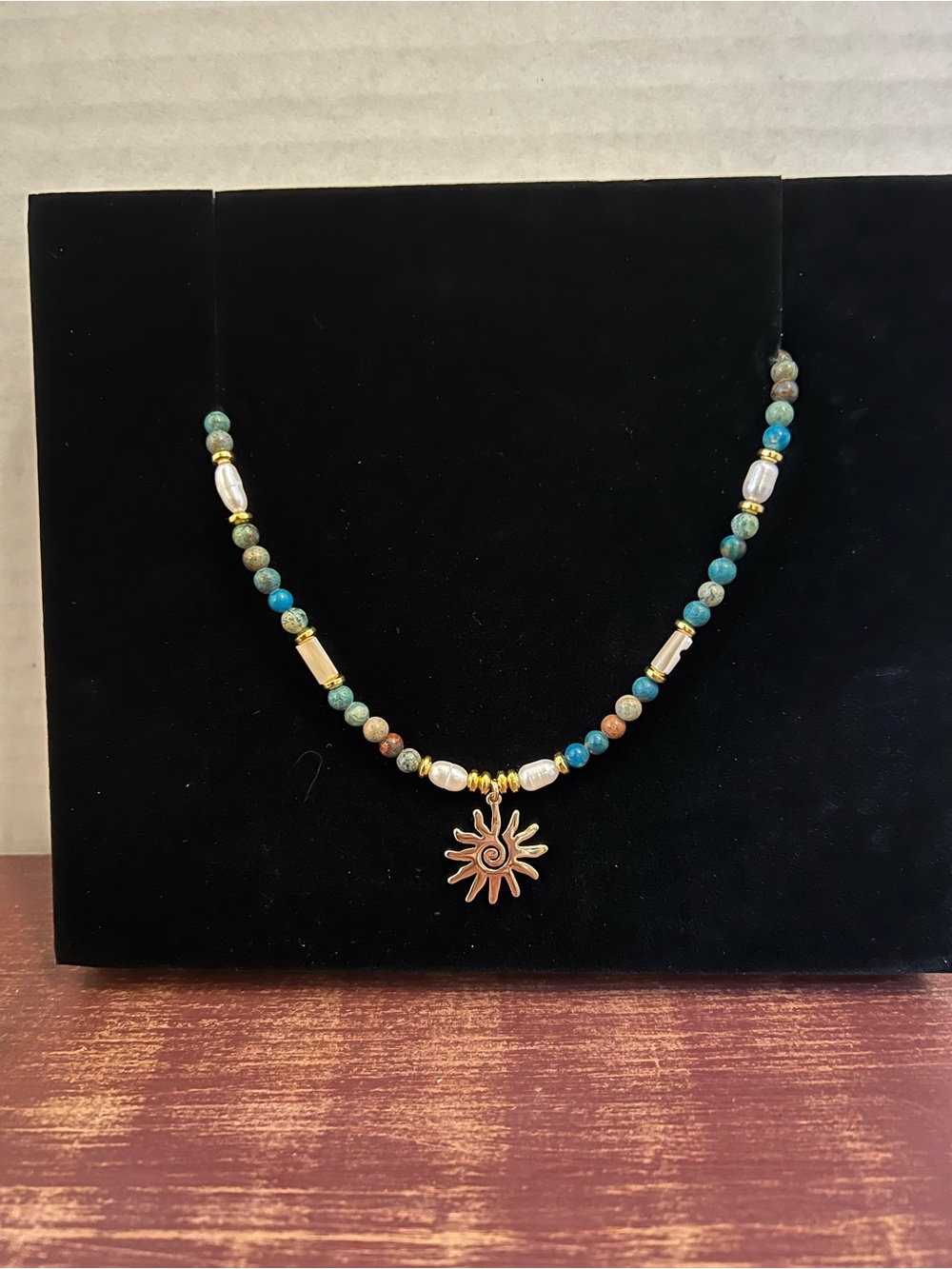 Sunburst Pendant Beaded Necklace in Turquoise and Gold Tone